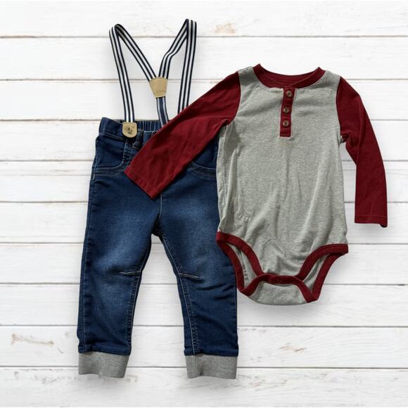 Cat & Jack Baby Outfit Size 18 Months Long Sleeve 2 Pc Suspenders Henley Shirt - Picture 2 of 6